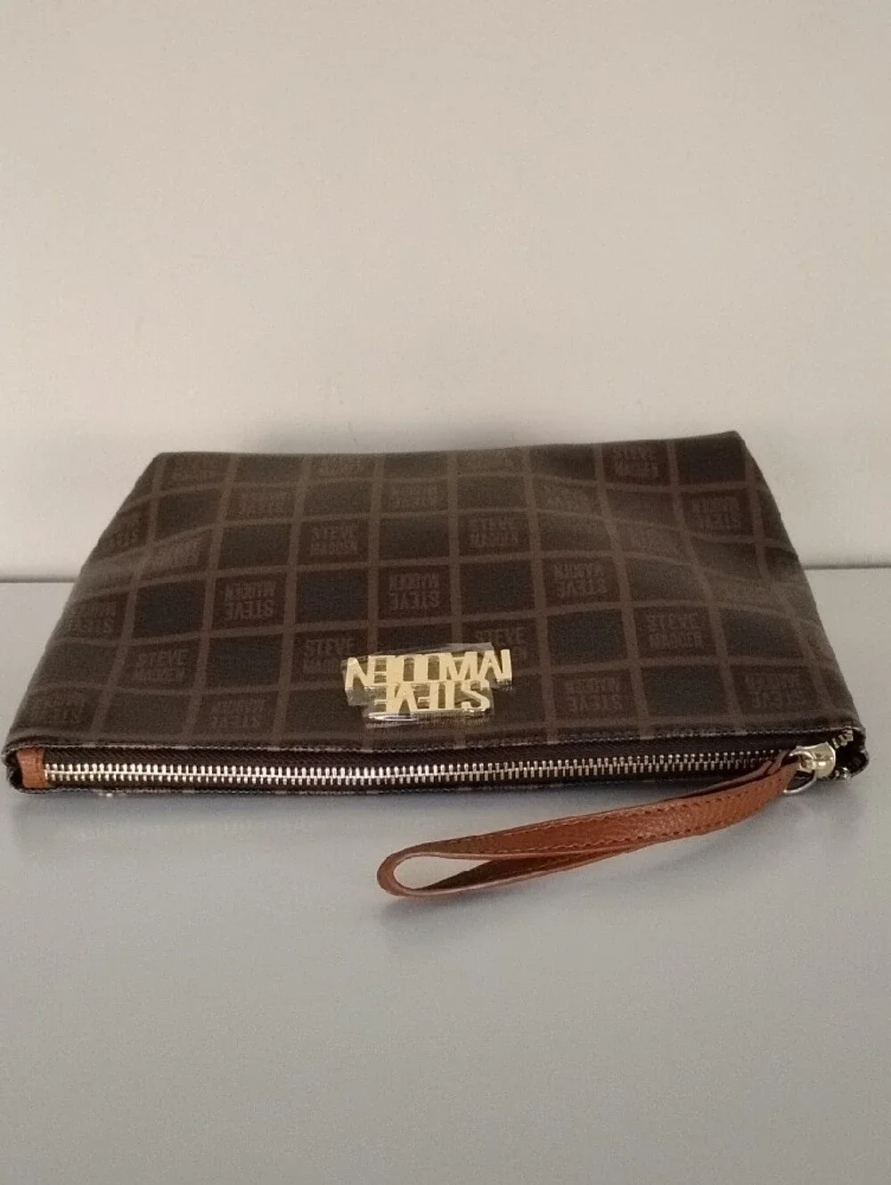 Steve Madden Brown Logo Toiletry Pouch with Wrist Strap